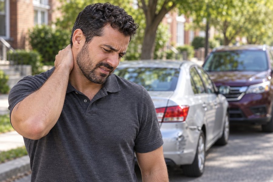 Driver holding his neck in pain from a whiplash injury after a rear-end traffic collision