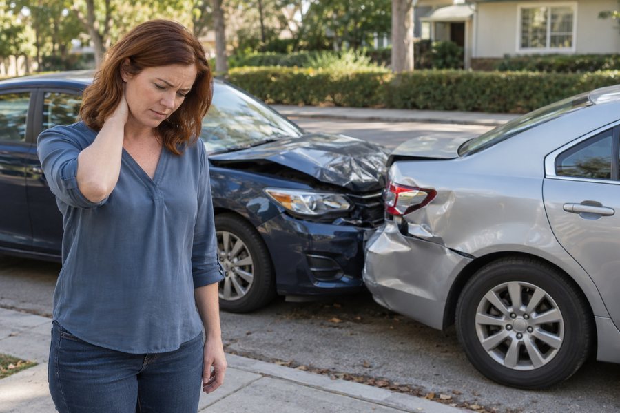 Woman holding her neck in pain after a car accident